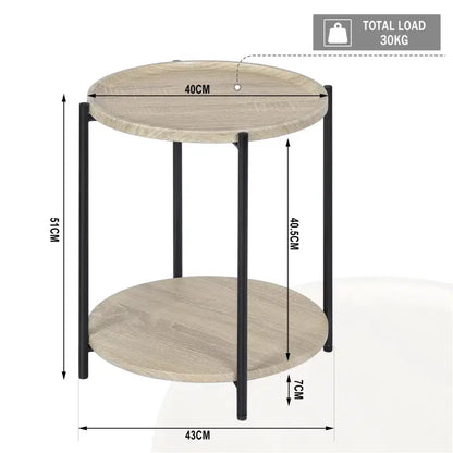 BukkitBow - Ronde Bijzettafel met Dubbele Plank - met Afneembaar Dienblad met Opstaande Rand - Vintage of Eikenhout - 40CM Doorsnede