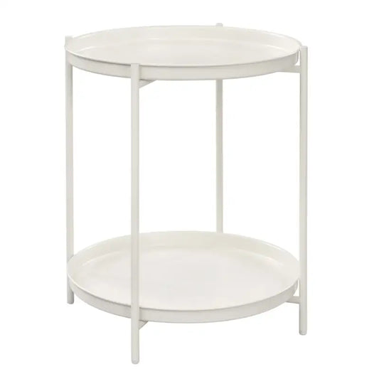 Een witte, ronde tafel met twee verdiepingen, gemaakt van glanzend metaal, ideaal voor moderne woonkamer of slaapkamer. Perfect voor het opbergen van accessoires en decoratie.