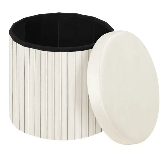 Een witte, geribbelde opbergkist met een zachte, witte deksel en een zwarte meshbinnenkant, ideaal voor opbergen in de woonkamer of slaapkamer.