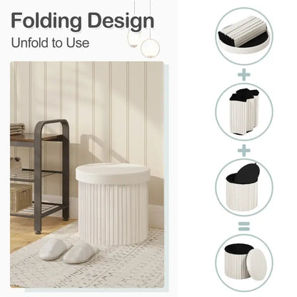 BukkitBow - Ronde Compacte Opbergpoef – Poef / Zitkist met Deskel - Opvouwbare Poef - Voetenbank met Opbergruimte - 38x38x36 CM