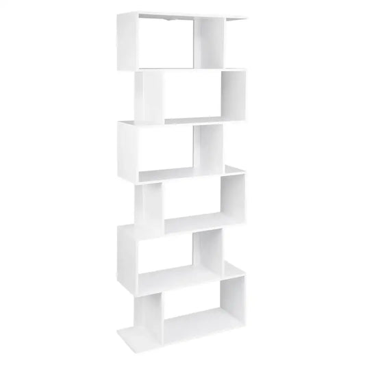 Een witte, moderne boekenkast met geometrische vakken, geschikt voor minimalistische interieurs. Ideaal voor het opbergen van boeken, decoraties of accessoires in een woonkamer of slaapkamer.