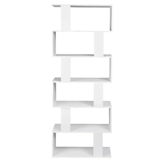 Een witte, moderne boekenkast met geometrische vakken, geschikt voor minimalistische interieurs. Ideaal voor het opbergen van boeken, decoraties of accessoires in een woonkamer of slaapkamer.