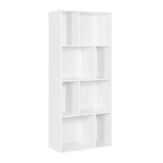 Een witte, minimalistische boekenkast met vier niveaus en asymmetrische vakken, geschikt voor moderne woonruimtes. Ideaal voor het opbergen van boeken, decoraties of collectieobjecten in een stijlvolle, ruimtebesparende oplossing.