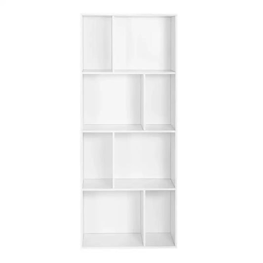 Een witte, minimalistische boekenkast met vier niveaus en verschillende vakken, geschikt voor moderne woonruimtes. Ideaal voor het opbergen van boeken, decoraties of persoonlijke items in een stijlvolle, ruimtebesparende manier.