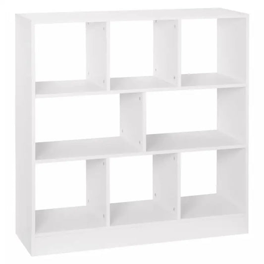 Een witte, minimalistische kubusboekenkast met negen vakken, geschikt voor moderne woonruimtes. Ideaal voor het organiseren van boeken, decoraties of opslag in een stijlvolle, functionele omgeving.