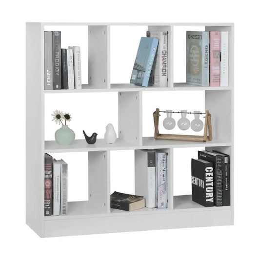 Een witte, minimalistische kubusboekenkast met negen vakken, geschikt voor moderne woonruimtes. Ideaal voor het opbergen van boeken, decoraties of collectieobjecten in een stijlvolle, ruimtebesparende oplossing.