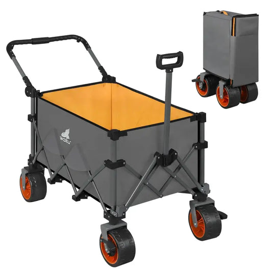 Grijze vouwkar met oranje binnenkant en zwarte wielen, uitgebreid en opgevouwen weergegeven. Ideaal voor kamperen of tuinwerk, met verstelbare handgrepen en stevige constructie.