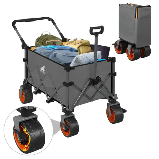 Grijze vouwbaar tuinwagen met oranje binnenkant en zwarte wielen, uitgebreid en opgevouwen weergegeven. Ideaal voor het vervoer van tuinmaterialen of kampeerbenodigdheden.