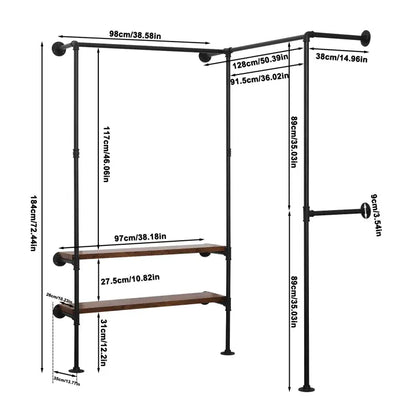 BukkitBow - Ruimtebesparende Hoek Garderobe - Zwart en Vintage Hout - Tot Wel 150 kg Belasting - Industriële en Vintage Stijl - 130.5x187x130.5cm