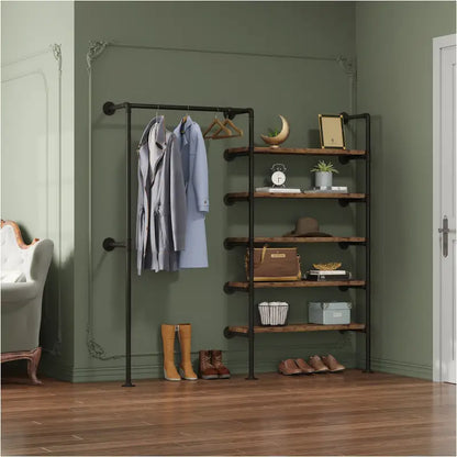 BukkitBow - Ruimtebesparende Muur Garderobe - Zwart met Vintage Hout - Tot Wel 150kg Laadcapaciteit - Industriële Stijl - 187.5x35x184cm