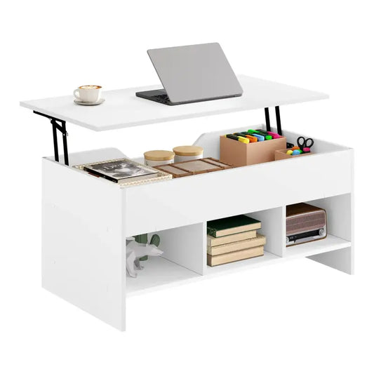 Een witte, opklapbare werktafel met een laptop en koffiekopje op de bovenkant, en een opgevouwen onderkast met boeken, schrijfwaren en een radio, ideaal voor thuiswerk of studie.