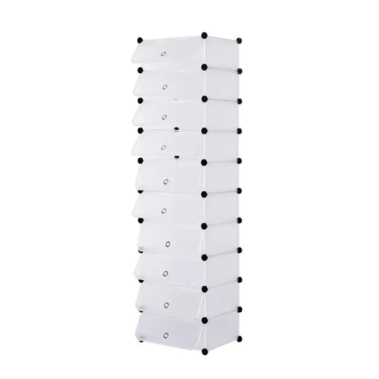 Een witte, opstapelbare opbergkast met zwarte knoppen en transparante deuren, geschikt voor kledingopslag in kleine ruimtes. Ideaal voor minimalistische interieurs en compacte opslagoplossingen.