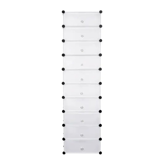 Een witte, opstapelbare opbergkast met transparante deuren en zwarte knoppen, geschikt voor kledingopslag in kleine ruimtes. Ideaal voor minimalistische interieurs en compacte opslagoplossingen.