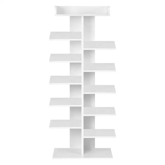 Een witte, minimalistische boekenkast met meerdere vlakke planken, geschikt voor moderne woonruimtes. Ideaal voor het opbergen van boeken, decoratieve objecten of andere items in een stijlvolle, ruimtebesparende oplossing.