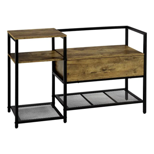 Een industriële halteschrank met houten blad en zwart metaal, voorzien van een opbergkast en netvloer, ideaal voor woonkamer of slaapkamer. Perfect voor opslag en decoratie in een moderne woonruimte.