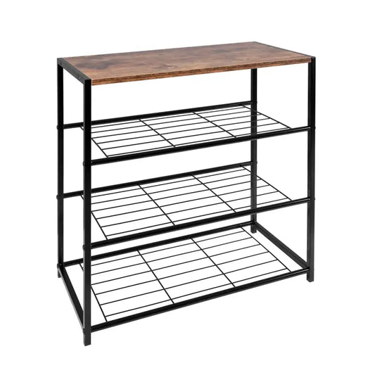 Een zwart metalen schoenenkastje met houten bovenblad en drie draadgrootjes, ideaal voor opbergen in de hal of woonkamer. Geschikt voor schoenen, tassen en kleine huishoudelijke items.