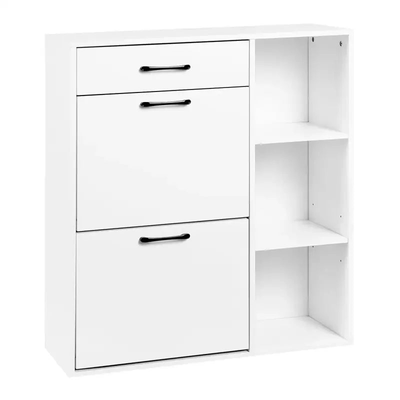 Een witte kast met drie laden en een open vak, voorzien van zwarte handgrepen. Geschikt voor kantoor- of woonruimte opslag.