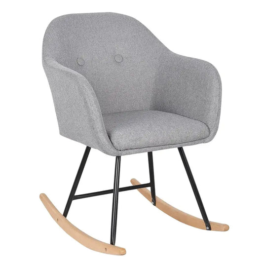 Grijze fluweelzitstoel met knoppen en houten schommelbasis, geschikt voor moderne woonkamer of kinderkamer. Stijlvolle designstoel voor ontspanning of speelruimte.