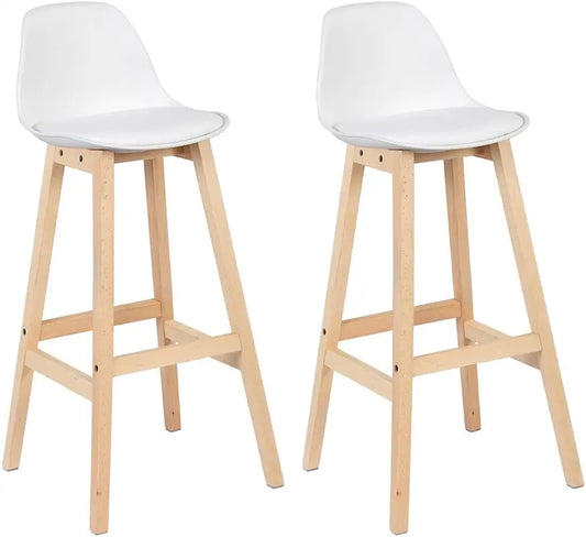 Wit kunststof zitvlak op licht houten frame, twee identieke barstoelen voor moderne keuken of bar. Geschikt voor comfortabele zitplaats bij een eettafel of bar.