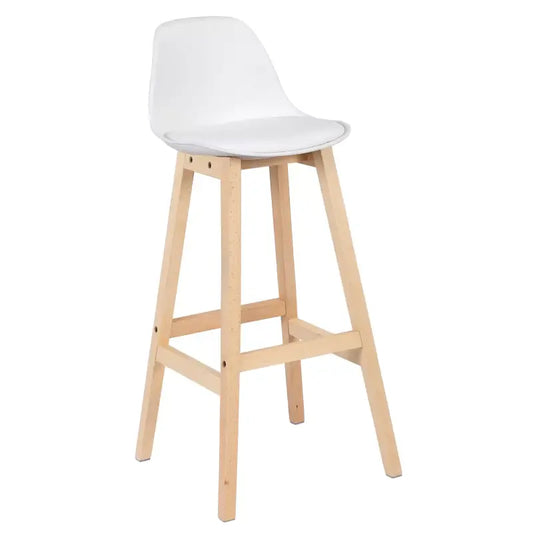 Wit kunststof zitvlak op licht houten frame, twee identieke barstoelen voor moderne keuken of bar. Geschikt voor comfortabele zitplaats bij een eettafel of bar.