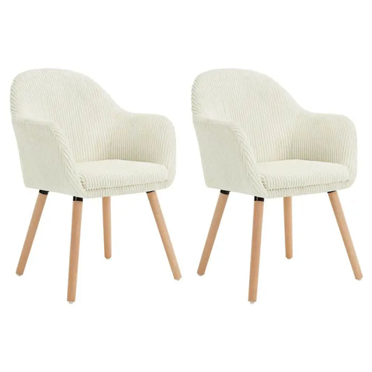 Een set van twee crèmekleurige cordouanstoelen met houten poten, geschikt voor moderne eetkamers of woonruimtes. De gestoffeerde zitplaatsen bieden comfort voor dagelijks gebruik.