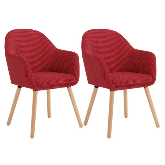 Een set van twee crèmekleurige cordouanstoelen met houten poten, ideaal voor een moderne eetkamer of woonkamer. De zachte, geribbelde stof biedt comfort en stijl voor dagelijks gebruik.