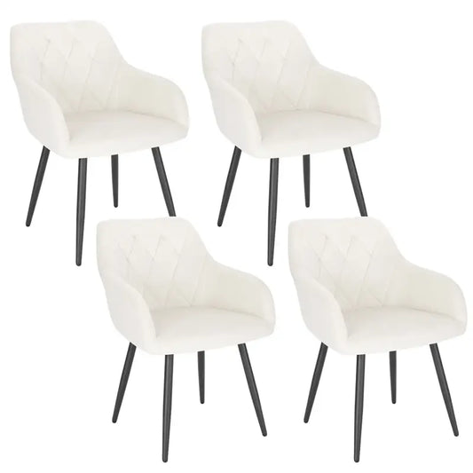 Een set van vier witte, gestoffeerde eetkamerstoelen met kussens en zwarte metalen poten, ideaal voor moderne interieurs. Perfect voor een stijlvolle eetkamer of woonkamer.