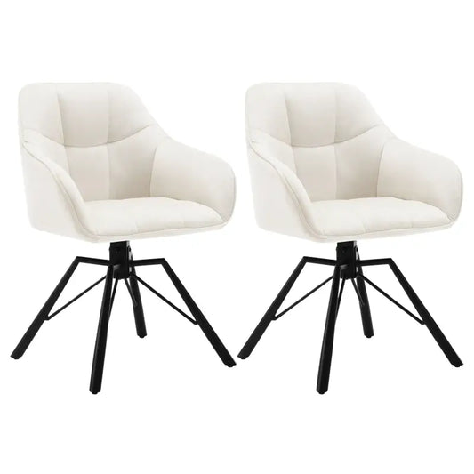 Zwarte metalen poten met witte, gestoffeerde zitkussens en rugleuning. Moderne eetkamerstoelen voor een stijlvolle, comfortabele zithoek in de woonkamer of keuken.