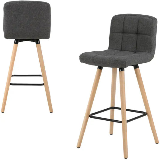 Grijze gestoffeerde barstoelen met houten poten en zwarte metalen ondersteuning, geschikt voor moderne keukens of bars. Comfortabele zitting met kussens voor dagelijks gebruik.