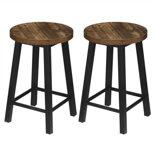 Houten barstoelen met donkerbruine zitting en zwarte metalen poten, geschikt voor keuken of bar. Stijlvolle industriële design voor moderne interieurs.