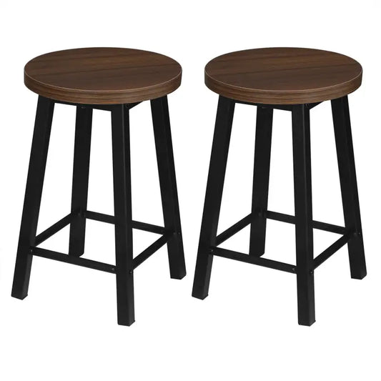 Houten barstoelen met donkerbruine, geribbelde zittingen en zwarte metalen poten, geschikt voor keuken of bar. Stijlvolle industriële design voor moderne interieurs.
