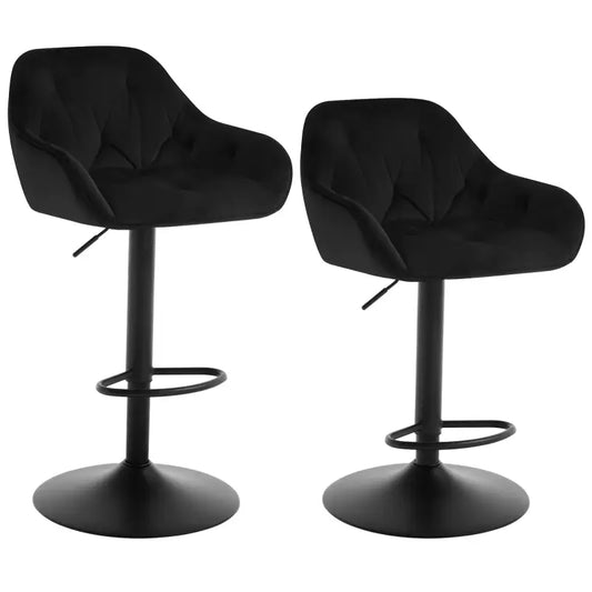 Grijze, fluweelbeklede barstoelen met knoppen en zwarte metalen poten, geschikt voor moderne keukens of bars. Comfortabele zitplaats met verstelbare hoogte voor optimale gebruiksgemak.