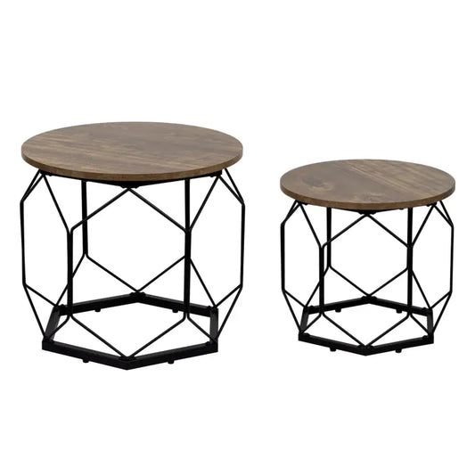 Een set van twee ronde salontafels met houten bladen en zwart metalen geometrisch frame, ideaal voor moderne woonkamer of lounge. Perfect voor het opbergen van drankjes en decoratie.
