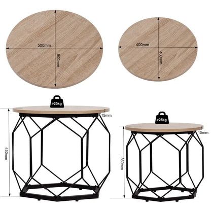 BukkitBow - Set van 2 Bijzettafels - Vintage of Eikenhout - Metalen Ruiten Ontwerp - Multifunctioneel en Stijlvol Design - 40/50CM Doorsnede