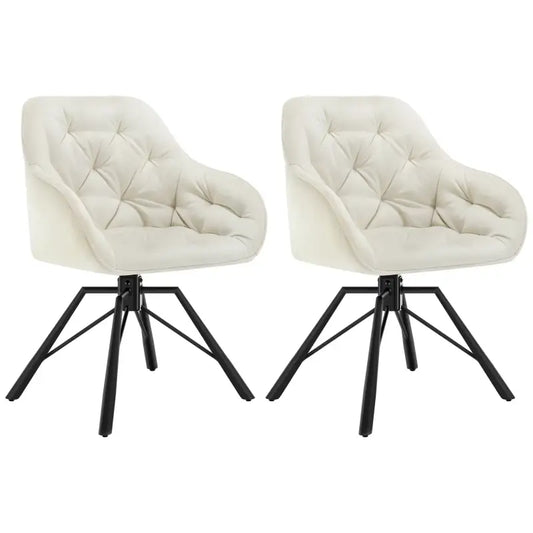 Zachte, crèmekleurige tuin- of kantoorstoelen met gestoffeerde, tufted bekleding en zwarte metalen poten. Ideaal voor moderne interieurs of buitenruimtes waar comfort en stijl centraal staan.