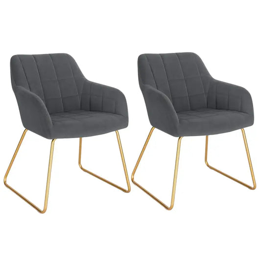 Grijze, gestoffeerde fauteuils met ruitpatroon en goudkleurige metalen poten, geschikt voor moderne woon- of eetkamer. Stijlvolle designstoelen voor comfortabele zithoeken.
