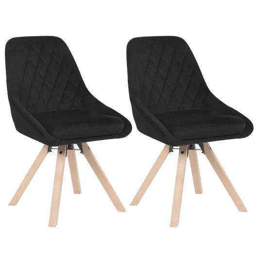 Zwarte, gestoffeerde eetkamerstoelen met diamantstiksel en lichte houten poten. Ideaal voor moderne eetkamers of woonkamers met een minimalistisch design.