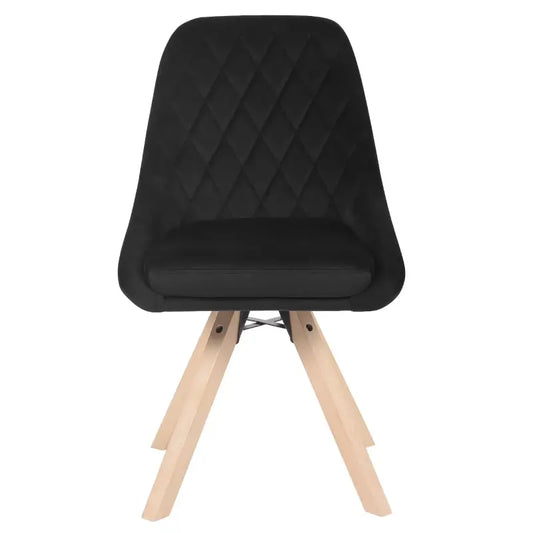 Zwart fluweelbekledde eetkamerstoelen met diamantstiksel en lichte houten poten, geschikt voor moderne interieurs. Ideaal voor eetkamer of woonkamer met stijlvolle zitcomfort.