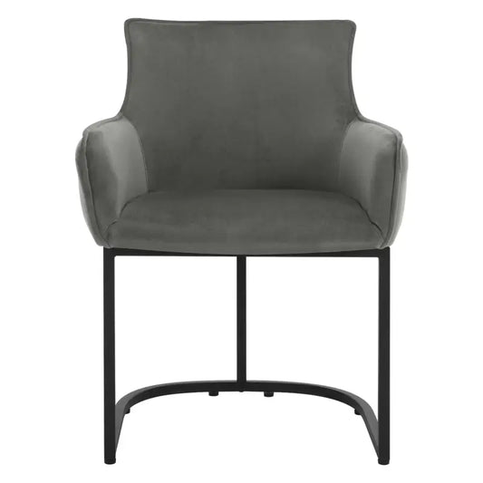 Grijze fluweelstoelen met zwart metalen frame, geschikt voor moderne eetkamer of woonkamer. Stijlvolle designstoelen met armleuningen voor comfortabel zitten.