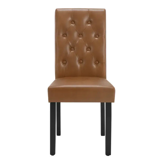Brown tufted dining chairs with faux leather upholstery and black legs, ideal for modern kitchen or dining room settings. Elegant buttoned backrests add comfort and style to your home decor.