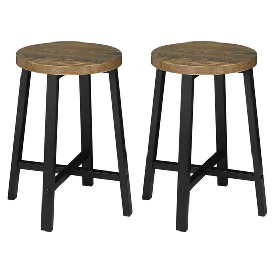 Houten barstoelen met zwart metalen frame, ronde zitvlakken in natuurlijke eikenkleur, geschikt voor keuken of bar. Stijlvolle industriële design voor moderne interieurs.