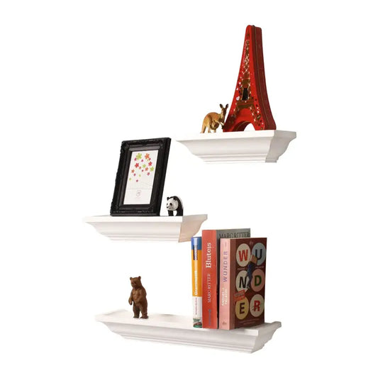 Wit, klassiek wandplankje met gedetailleerde reliëflijnen, geschikt voor wandmontage. Perfect voor decoratieve wandopberging of als accent in een klassieke of moderne interieur.