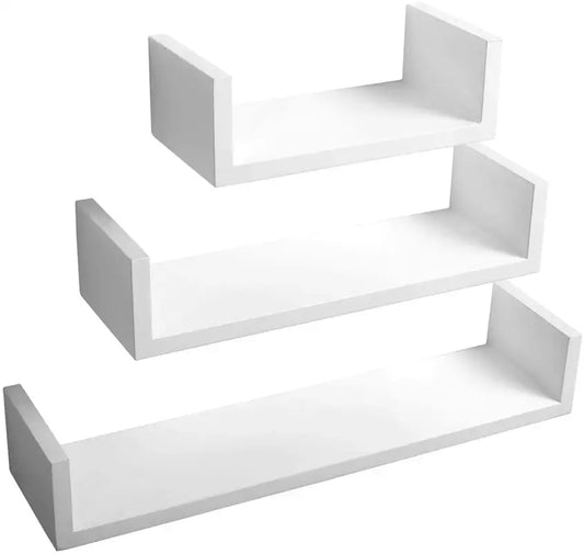Wit, minimalistisch wandrek met drie aflopende planken, geschikt voor moderne interieurstijlen. Ideaal voor opbergen in de keuken of woonkamer.