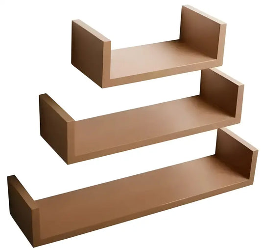 Wit, minimalistisch wandrek met drie verschillende lengtes, geschikt voor moderne interieurs. Ideaal voor het opbergen van boeken, decoraties of accessoires in een stijlvolle, ruimtebesparende manier.