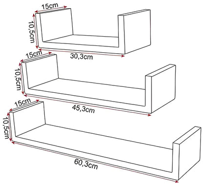 BukkitBow - Set van 3 Drijvende / Zwevende Planken - Hout/Gelakt MDF - Verschillende Maten - Inclusief Bevestigingen