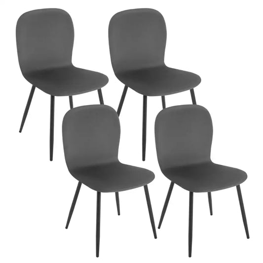 Grijze, moderne eetkamerstoelen met gestoffeerde zitting en rugleuning, voorzien van zwarte metalen poten. Ideaal voor een minimalistische woonkamer of eetkamer.