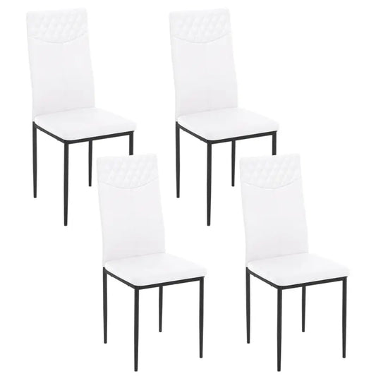 Een set van vier moderne witte eetkamerstoelen met gestikt bekleding en zwarte metalen poten, geschikt voor een stijlvolle eetkamer of woonkamer. Perfect voor een minimalistisch interieur met een trendy, schone look.