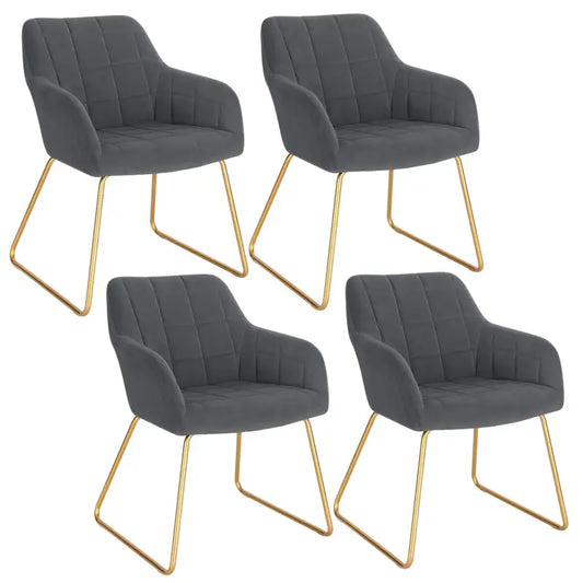 Grijze fluweelstoelen met gestoffeerde zitting en rugleuning, voorzien van goudkleurige metalen poten. Ideaal voor moderne eetkamer of woonkamer in een stijlvolle, minimalistische setting.