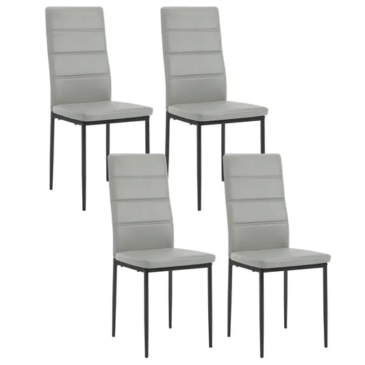 Grijze kunstleer stoelen met gestikt rugleuning en zwarte metalen poten, geschikt voor moderne eetkamer of woonkamer. Set van vier, ideaal voor comfortabele maaltijden of ontspanning.