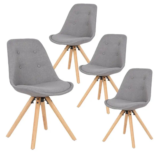 Grijze, gestoffeerde eetkamerstoelen met knoppen en houten poten, geschikt voor moderne interieurs. Set van vier, ideaal voor eetkamer of woonkamer.